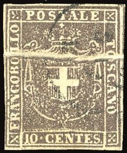 TOSCANA PLI D'ACCORDEON - COLLEZIONE DUCCIO 1860 - 10 cent. bruno (19), evidente pli d'accordeon orizzontale  - Asta Filatelia - Cambi Casa d'Aste