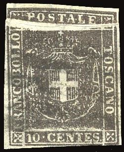 TOSCANA PLI D'ACCORDEON - COLLEZIONE DUCCIO 1860 - 10 cent. bruno nero (19a), pli d'accordeon orizzontale