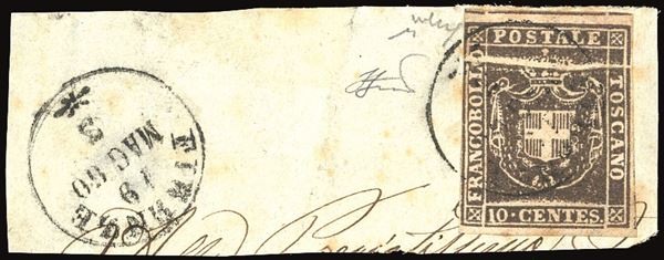 TOSCANA PLI D'ACCORDEON - COLLEZIONE DUCCIO 1860 - 10 cent. bruno scuro (19b), evidente pli d'accordeon orizzontale