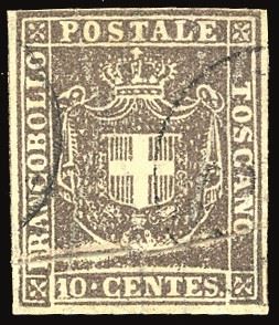 TOSCANA PLI D'ACCORDEON - COLLEZIONE DUCCIO 1860 - 10 cent. bruno (19), pli d'accordeon in basso  - Asta Filatelia - Cambi Casa d'Aste