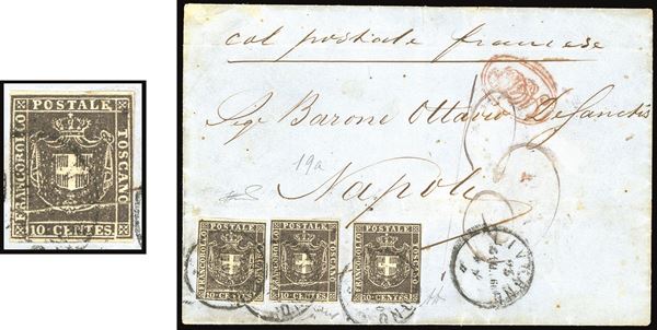 TOSCANA PLI D'ACCORDEON - COLLEZIONE DUCCIO 1860 - 10 cent. bruno nero (19a), tre esemplari, quello al centro con pli d'accordeon
