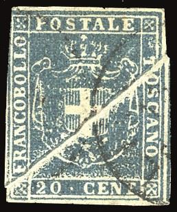 Toscana Pli D'accordeon - Collezione Duccio 1860 - 20 Cent. Azzurro (20), Grande ed Evidente Pli ...