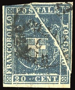 TOSCANA PLI D'ACCORDEON - COLLEZIONE DUCCIO 1860 - 20 cent. azzurro (20), doppio pli d'accordeon diagonale di cui uno molto ampio  - Auction Philately - Cambi Casa d'Aste