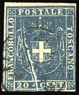 TOSCANA PLI D'ACCORDEON - COLLEZIONE DUCCIO 1860 - 20 cent. azzurro (20), evidente pli d'accordeon  - Auction Philately - Cambi Casa d'Aste