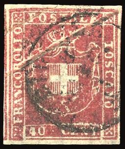 Toscana Pli D'accordeon - Collezione Duccio 1860 - 40 Cent. Carminio (21), Ben Evidente Pli D'acc...
