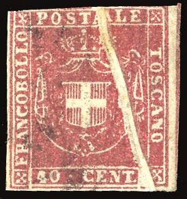 TOSCANA PLI D'ACCORDEON - COLLEZIONE DUCCIO 1860 - 40 cent. carminio, enorme pli d'accordeon obliquo e linea di riquadro verticale a destra (21e),