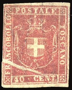TOSCANA PLI D'ACCORDEON - COLLEZIONE DUCCIO 1860 - 40 cent. carminio (21), pli d'accordeon  - Asta Filatelia - Cambi Casa d'Aste