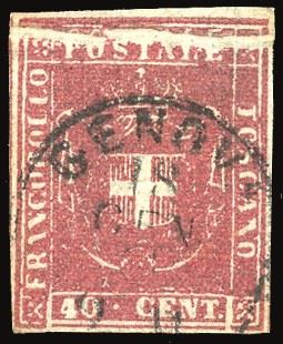 TOSCANA PLI D'ACCORDEON - COLLEZIONE DUCCIO 1860 - 40 cent. carminio (21), evidente pli d'accordeon orizzontale in alto