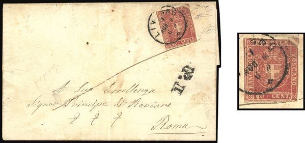 TOSCANA PLI D'ACCORDEON - COLLEZIONE DUCCIO 1860 - 40 cent. carminio (21), piccolo ma evidente pli d'accordeon nell'angolo superiore destro, due ampi margini, due intaccati, su lettera da Livorno 20/8/1860 a Roma.