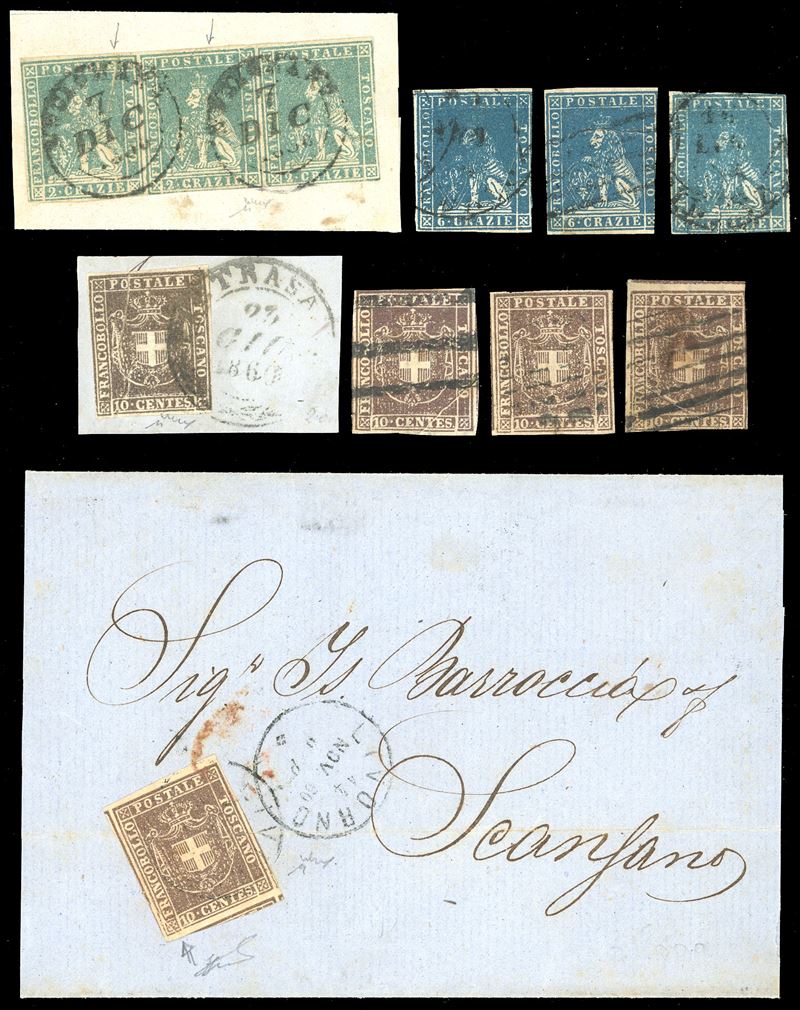 TOSCANA PLI D'ACCORDEON - COLLEZIONE DUCCIO 1857/60 - Piccolo insieme di 10 esemplari usati del periodo ed uno su busta, tutti con minimi pli d'accordeon.  - Asta Filatelia - Cambi Casa d'Aste