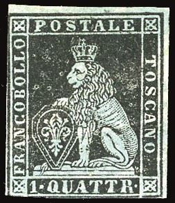 Toscana 1851 - 1 Quattrino Nero su Carta Azzurra, i Emissione (1a)