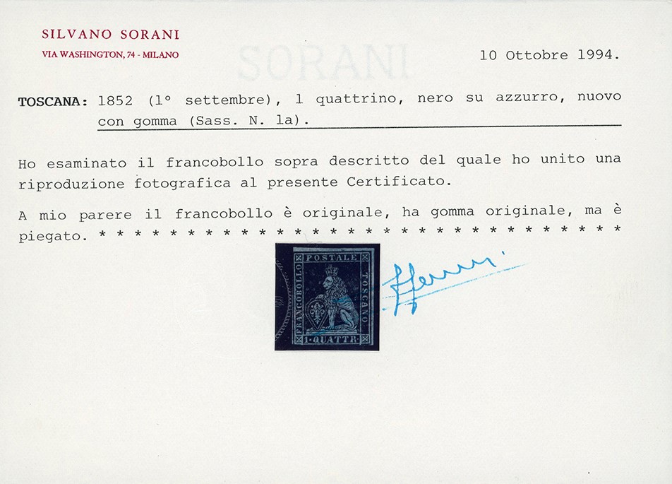 Toscana 1851 - 1 Quattrino Nero su Carta Azzurra, i Emissione (1a)