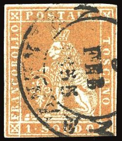 TOSCANA 1851 - 1 soldo ocra scuro, I emissione (cat.Bolaffi Enciclopedico n.2f)