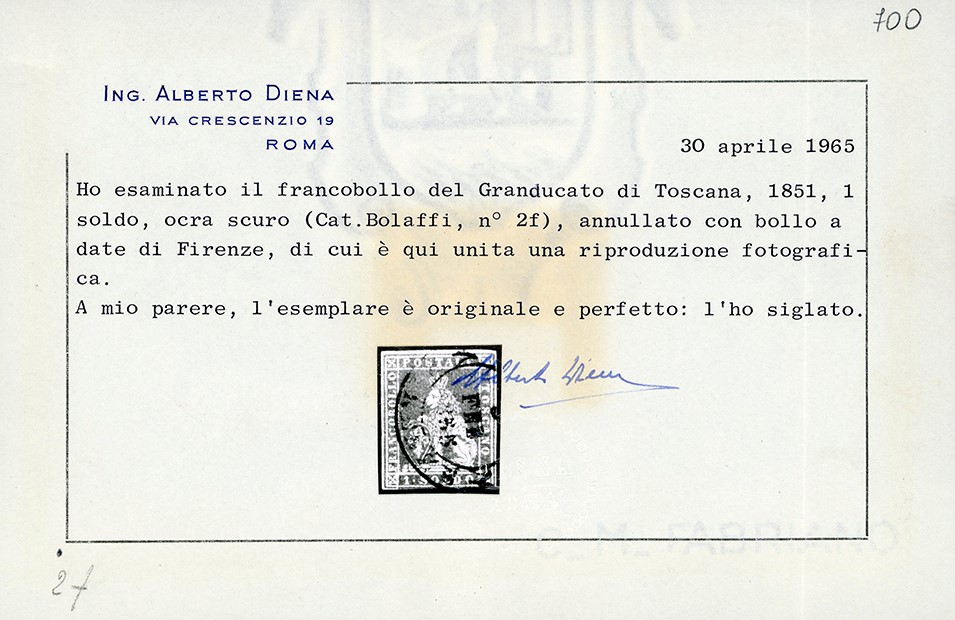 Toscana 1851 - 1 Soldo Ocra Scuro, i Emissione (cat.bolaffi Enciclopedico N.2f)