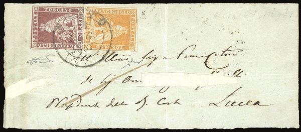 TOSCANA 1857 - 1 soldo bistro arancio su grigio, 1 crazia carminio bruno su grigio (2d,4e), lievi difetti di marginatura, su frontespizio di fascetta da Prato 27/7/1857 a Lucca.