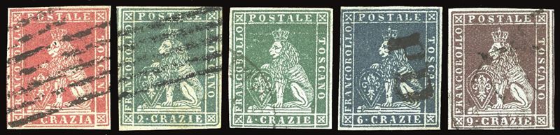 TOSCANA 1851 - 1 crazia, 2 crazie, 4 crazie, 6 crazie, 9 crazie, I emissione (4,5,6,7,8b)  - Auction Philately - Cambi Casa d'Aste