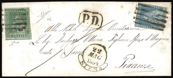 TOSCANA 1854 - 4 crazie verde giallo scuro, 2 crazie azzurro, entrambi su carta grigia (6d,5d)