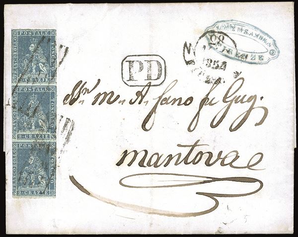 TOSCANA 1854 - 2 crazie azzurro grigio su carta azzurra (5a), striscia verticale di tre
