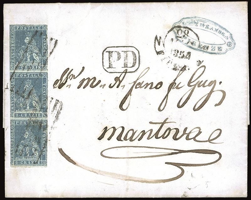 TOSCANA 1854 - 2 crazie azzurro grigio su carta azzurra (5a), striscia verticale di tre  - Auction Philately - Cambi Casa d'Aste