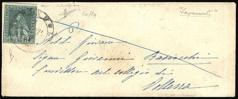 TOSCANA 1851 - 2 crazie verde azzurro su grigio (5f)  - Asta Filatelia - Cambi Casa d'Aste