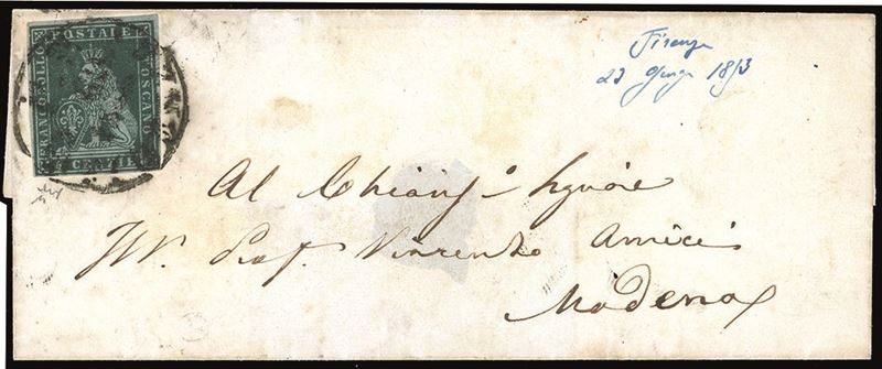 TOSCANA 1853 - 4 crazie verde scuro su azzurro (6b),  - Asta Filatelia - Cambi Casa d'Aste