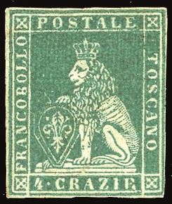 Toscana 1851 - 4 Crazie Verde Azzurro su Grigio, i Emissione (6c)