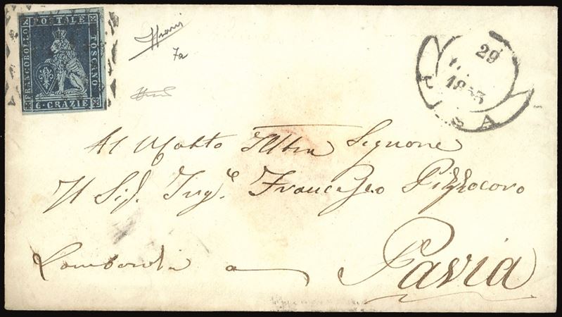 TOSCANA 1853 - 6 crazie indaco su azzurro (7a)  - Auction Philately - Cambi Casa d'Aste