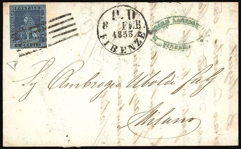 TOSCANA 1853 - 6 crazie azzurro scuro su carta azzurra (7c)  - Auction Philately - Cambi Casa d'Aste