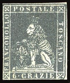 TOSCANA 1851 - 6 crazie grigio scuro su grigio, varietà di clichè (7f)