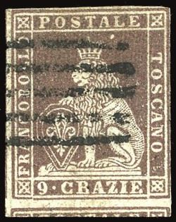TOSCANA 1851 - 9 crazie bruno violaceo su carta grigia, I emissione (8)  - Auction Philately - Cambi Casa d'Aste