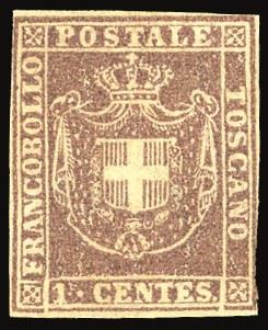 TOSCANA - GOVERNO PROVVISORIO 1860 - 1 cent. violetto bruno (17)  - Auction Philately - Cambi Casa d'Aste