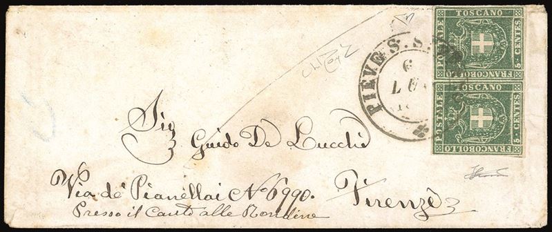 TOSCANA - GOVERNO PROVVISORIO 1861 - 5 cent. verde (18), coppia  - Asta Filatelia - Cambi Casa d'Aste