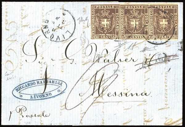 TOSCANA GOVERNO PROVVISORIO 1860 - 10 cent. bruno (19), striscia orizzontale di tre