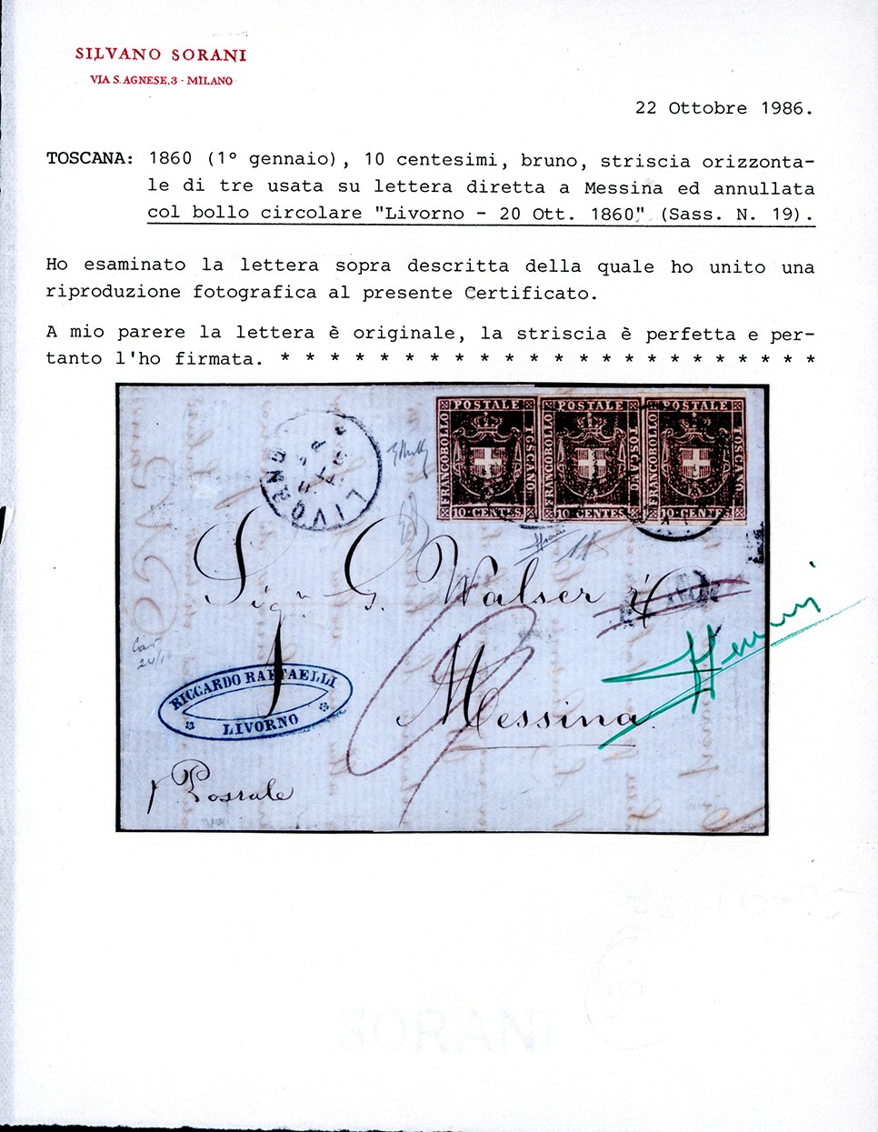 Toscana Governo Provvisorio 1860 - 10 Cent. Bruno (19), Striscia Orizzontale di Tre