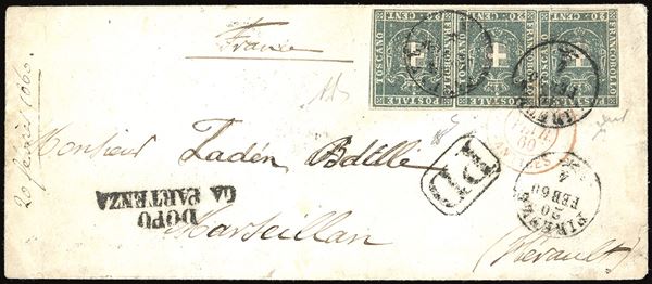 TOSCANA - GOVERNO PROVVISORIO 1860 - 20 cent. azzurro grigio, striscia di tre (20b)