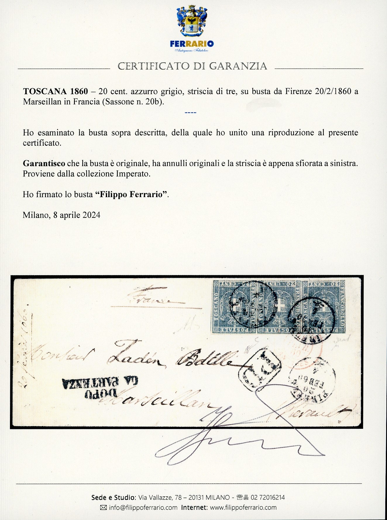 Toscana - Governo Provvisorio 1860 - 20 Cent. Azzurro Grigio, Striscia di Tre (20b)