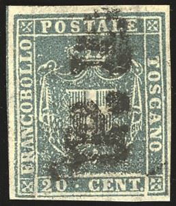 TOSCANA - GOVERNO PROVVISORIO 1860 - 20 cent. azzurro, parziale riga di riquadro verticale a sinistra (20e)  - Auction Philately - Cambi Casa d'Aste
