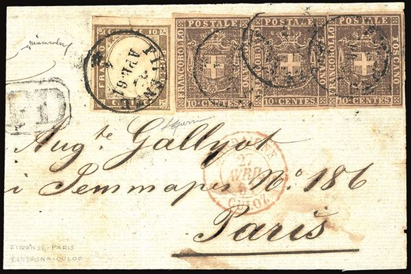 TOSCANA - GOVERNO PROVVISORIO AFFRANCATURE MISTE 1861 - 10 cent. bruno (19), tre esemplari, in affrancatura mista con 10 cent. bruno grigio olivastro IV emissione di Sardegna (14B)