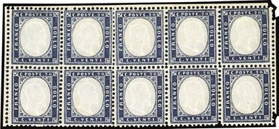 Regno D'italia 1862 - 20 Cent. Indaco (2), Blocco di Dieci Esemplari