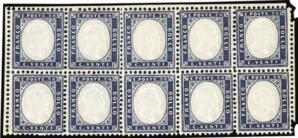 REGNO D'ITALIA 1862 - 20 cent. indaco (2), blocco di dieci esemplari