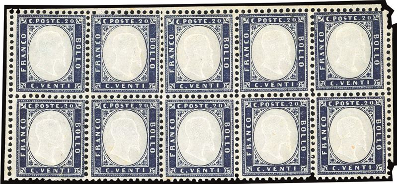 REGNO D'ITALIA 1862 - 20 cent. indaco (2), blocco di dieci esemplari  - Asta Filatelia - Cambi Casa d'Aste
