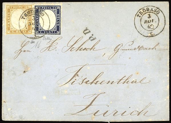 REGNO D'ITALIA 1862 - 20 cent. indaco con riflessi violacei (2a), separato con le forbici, in affrancatura mista con 10 cent. bistro giallastro, IV emissione di Sardegna (14Dca)