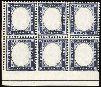 Regno D'italia 1862 - 20 Cent. Indaco, Blocco di Sei Esemplari
