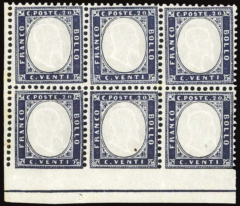 REGNO D'ITALIA 1862 - 20 cent. indaco, blocco di sei esemplari  - Auction Philately - Cambi Casa d'Aste