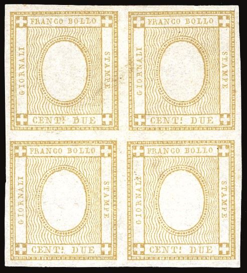REGNO D'ITALIA 1862 - 2 cent. bistro, SENZA CIFRA IN RILIEVO (10eb), blocco di quattro