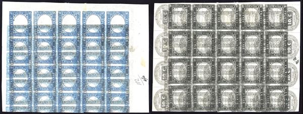 REGNO D'ITALIA 1863 - 15 cent. azzurro tipo Sardegna (11), prova di avvio di macchina, blocco di 25 esemplari