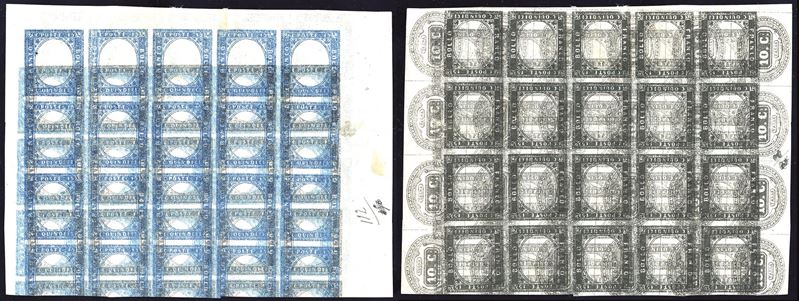 REGNO D'ITALIA 1863 - 15 cent. azzurro tipo Sardegna (11), prova di avvio di macchina, blocco di 25 esemplari  - Auction Philately - Cambi Casa d'Aste