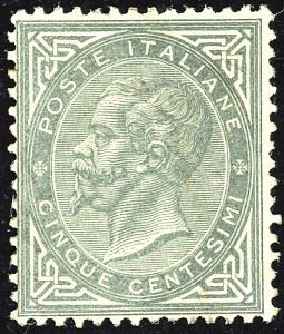 REGNO D'ITALIA 1866 - 5 cent. verde grigio scuro, De La Rue, tiratura di Torino (T16)