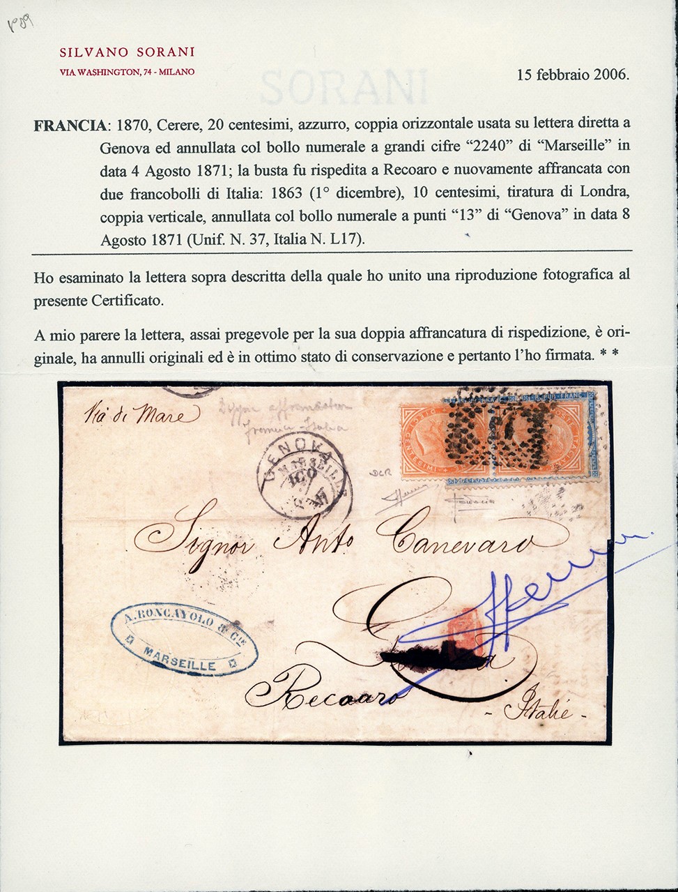 Regno D'italia 1871 - 20 Cent. Cerere di Francia (unificato 37), Coppia