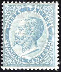 REGNO D'ITALIA 1863 - 15 cent. celeste chiaro, De La Rue, tiratura di Londra (L18)